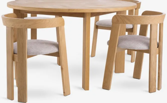 HARESKOV Ø129 bord eg + 4 BOVRUP stole eg/beige