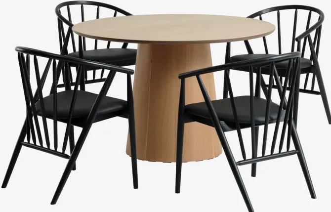 KLIPLEV Ø120 bord eg + 4 ARNBORG stole sort