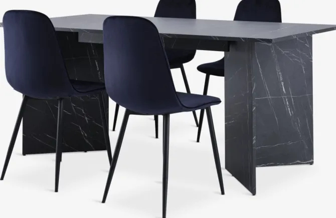 KRONDAL L180 bord marmor + 4 BISTRUP mørkeblå velour