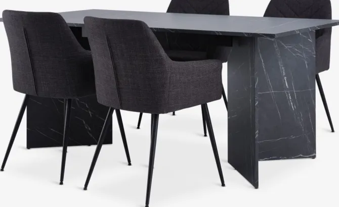 KRONDAL L180 bord marmor + 4 PURHUS stole grå/sort