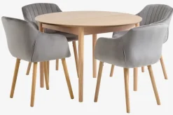 MARSTRAND Ø110 bord eg + 4 ADSLEV stole grå velour