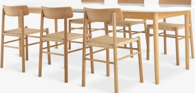 MARSTRAND L200 bord hvid + 4 ISLEV stole u/armlæn eg