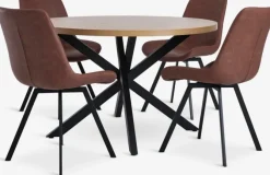 NORTOFT Ø120 bord eg + 4 HYGUM stole cognac/sort