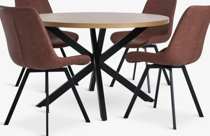 NORTOFT Ø120 bord eg + 4 HYGUM stole cognac/sort