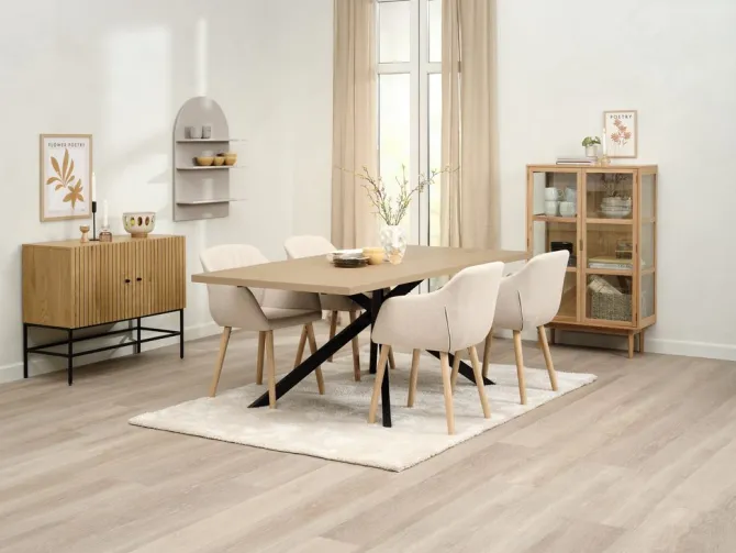 NORTOFT L200 bord eg + 4 ADSLEV stole beige stof