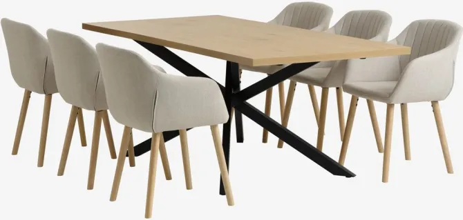 NORTOFT L200 bord eg + 4 ADSLEV stole beige stof