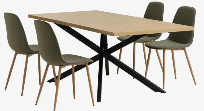 NORTOFT L200 bord eg + 4 BISTRUP stole olivengrøn