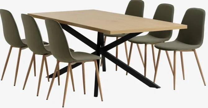 NORTOFT L200 bord eg + 4 BISTRUP stole olivengrøn
