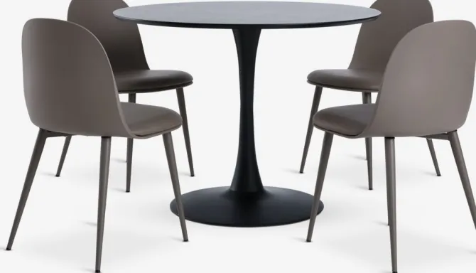 RINGSTED Ø100 bord sort + 4 ULDAL stole brun