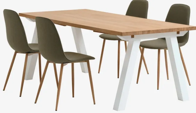 SKAGEN L200 bord eg + 4 BISTRUP stole olivengrøn