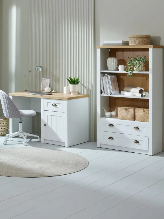 Skrivebord MARKSKEL 60x120 1 låge 1 skuffe hvid/egefarve