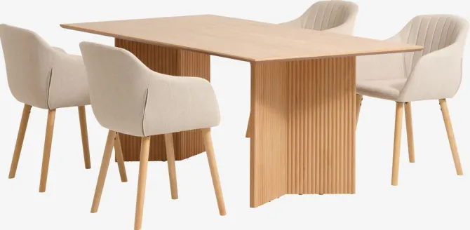 VESTERBORG L200 bord eg + 4 ADSLEV stole beige