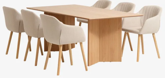 VESTERBORG L200 bord eg + 4 ADSLEV stole beige
